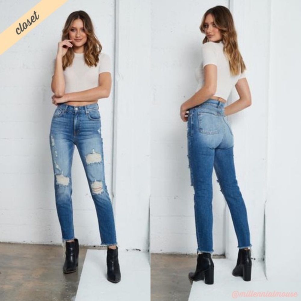 Revice super high rise distressed‎ fray hem jeans